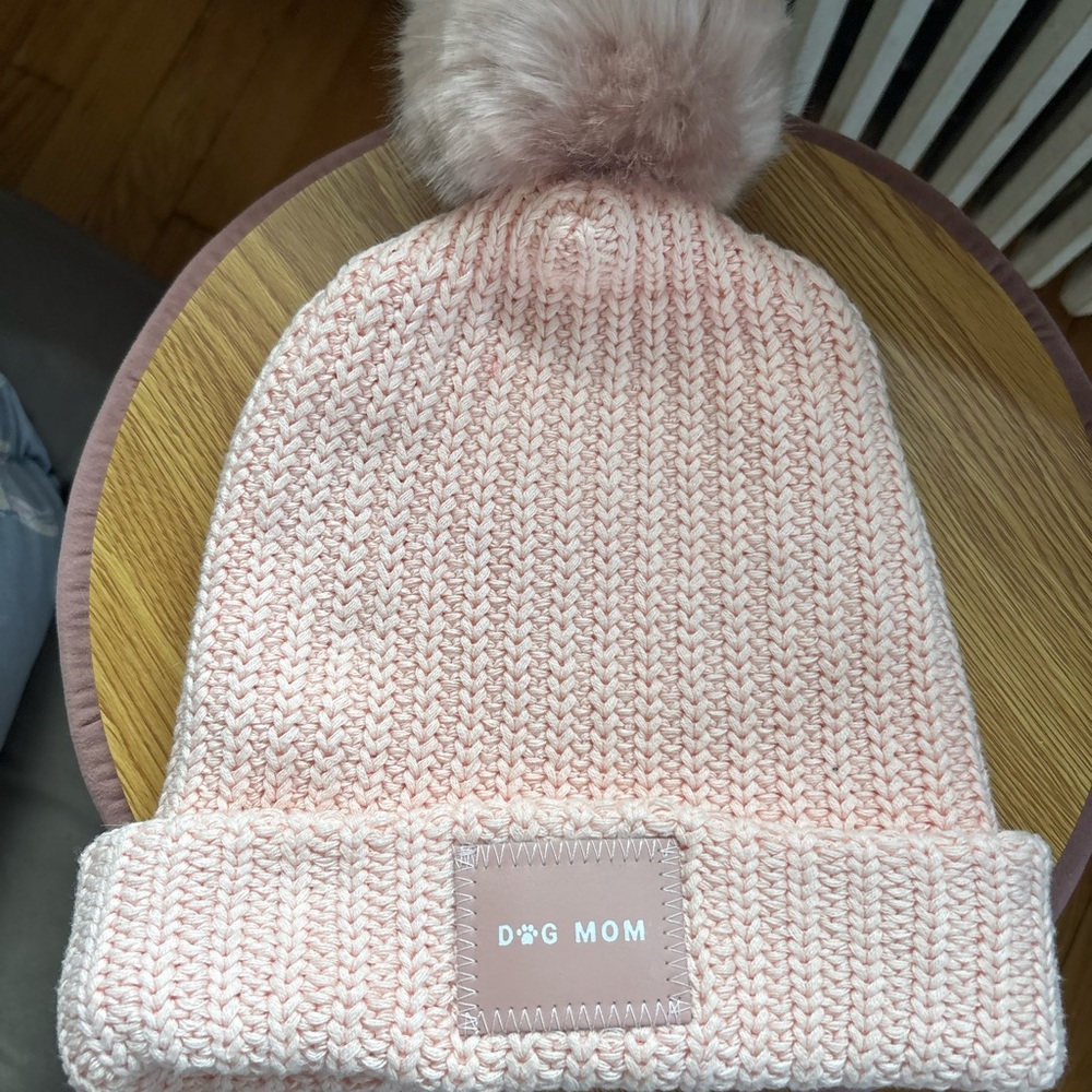 Love Your Melon “Dog Mom” Pink Knit Pom-Pom Beanie